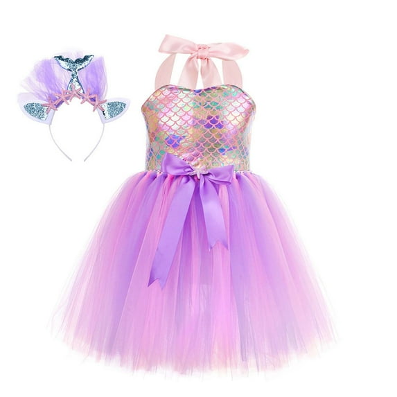 MEZZALL Toddler Girls Sleeveless Spaghetti Dress Dance Party Princess Dress Sundress Headband Set, Light Pink, 5-6 Years