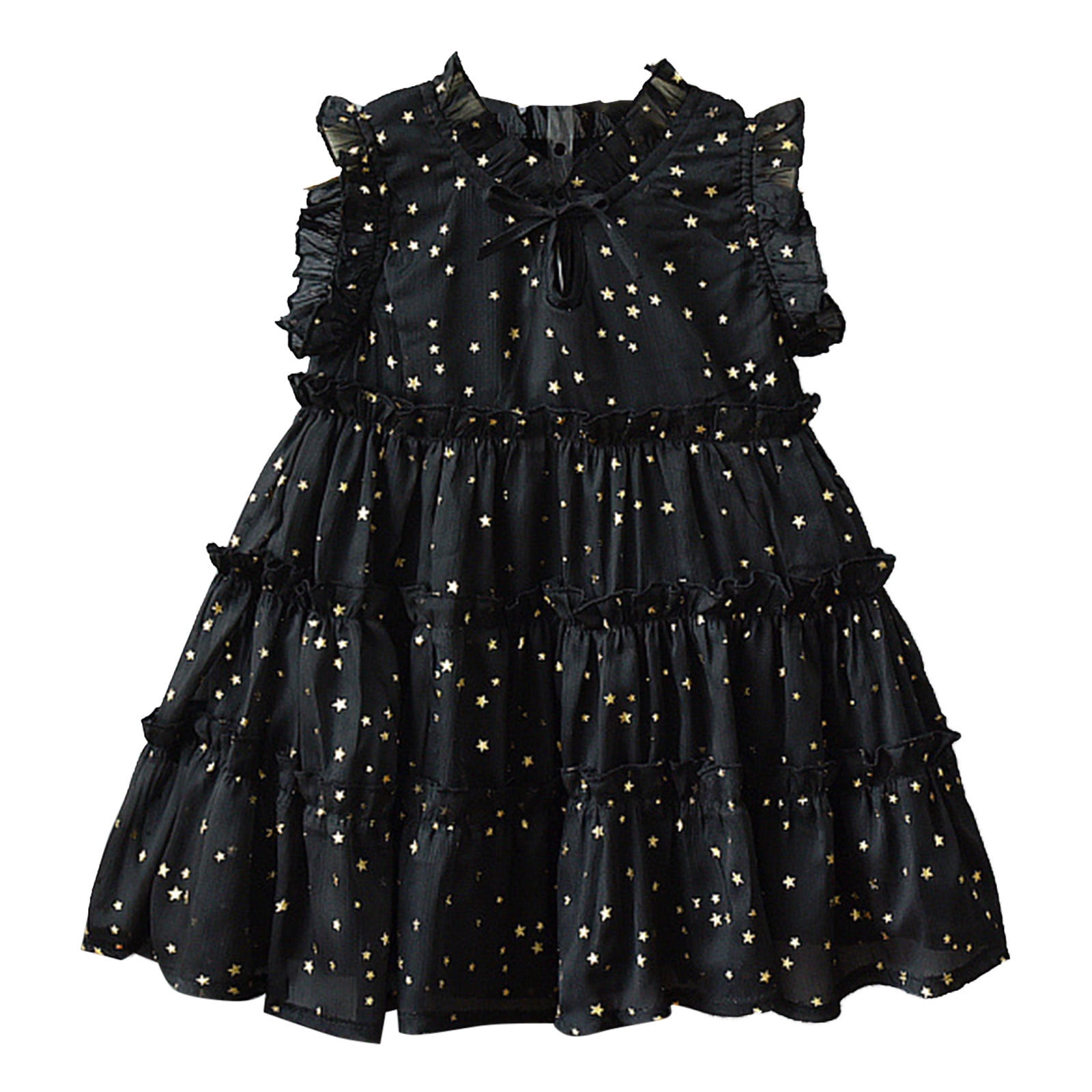 MEZZALL Toddler Girls Sleeveless Star Sequin Tulle Ruffles Princess Dress Dance Party Dresses Sundress Lovely Sundress, Black, 5-6 Years