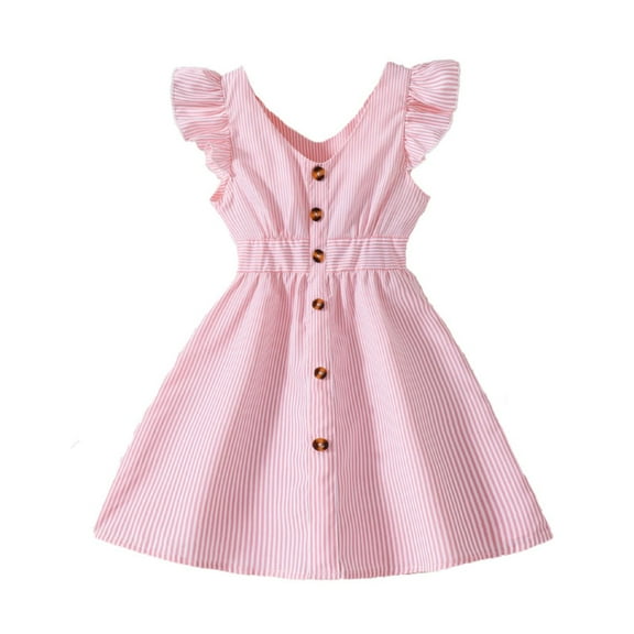 MEZZALL Toddler Girls Summer Casual Dress Sleeveless A-Line Button Down Ruffle Hem Striped Dresses Comfort Baby Wear