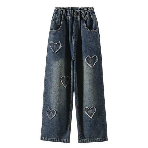 MEZZALL Toddler Girls Wide Leg Jeans Trousers Heart Embroidery Denim Pants Vintage Loose Fit Baggy Casual Straight Leg Pants With Pockets Lovely, 4-5 Years
