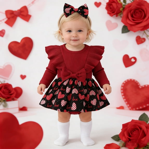 MEZZALL Toddler Jumpsuit Valentine's Day Baby Girl Heart Print Ribbed Long Sleeve Bodysuit And Headband Romper Onesie Lovely O-Neck Spring Child One-Pieces