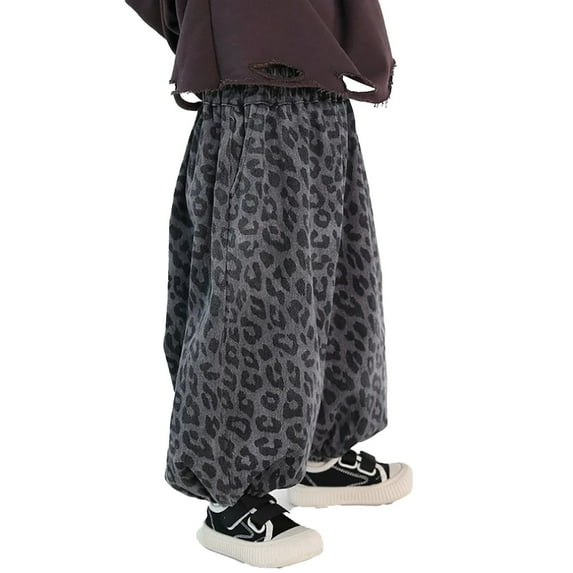 MEZZALL Toddler Kids Baby Boys Girls Harem Pants Denim Pants With Leopard Print Streetwear Loose Fit Pants Unisex Elastic Waist Long Pants 6-7 Years Breathable Kids Wear