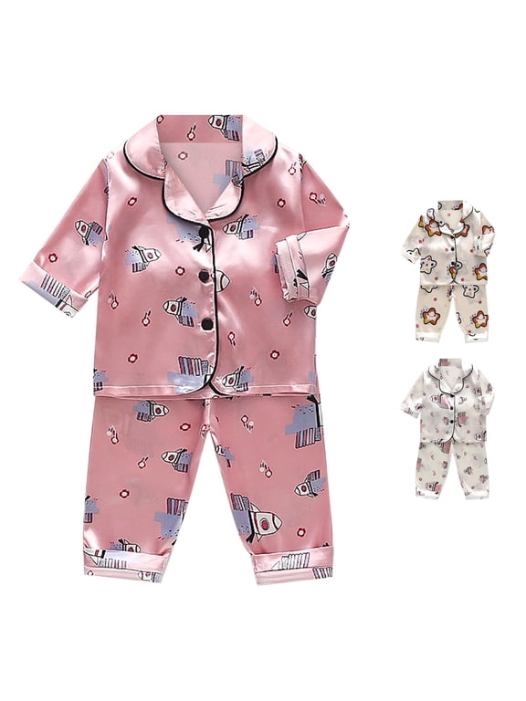 Toddler Kids Baby Boys Girls Satin Cartoon Long Sleeve Lapel Button Down Shirt Tops + Long Pants Silk Pajamas Sets Sleepwear Night Loungewear Set Cozy Nightwear