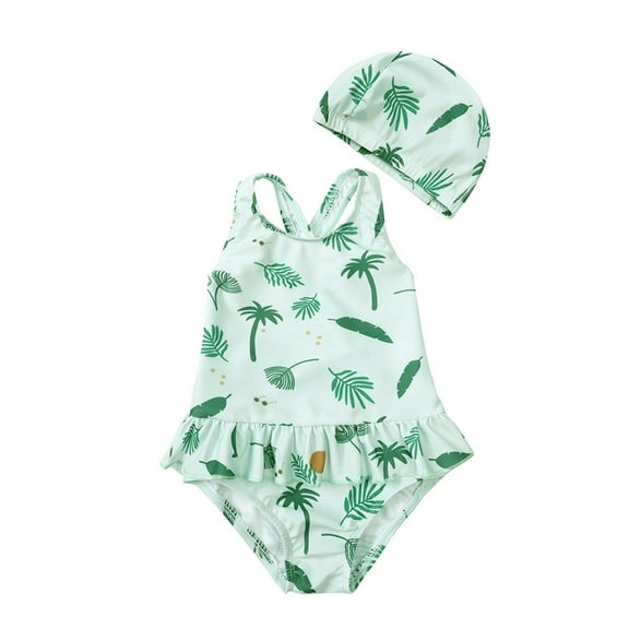 MEZZALL Toddler Kids Baby Girl Swimsuit Vacation Hawaii Beachwear Floral Sleeveless Monokini Bathing Suit Bikini Tankini Swimwear With Hat, Green, 6-12 Months