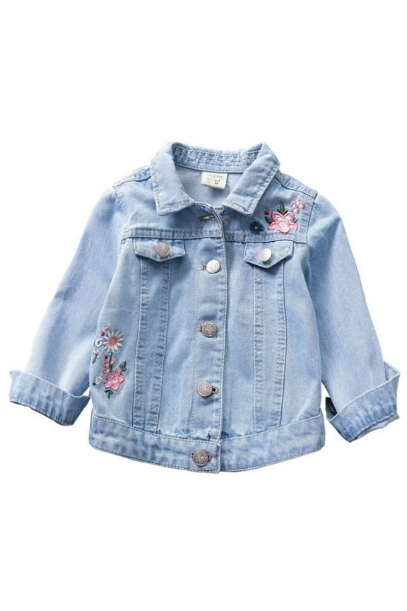 Toddler Kids Baby Girls Boys Cartoon Embroidery Denim Fastener Jacket Outwear Coat Clothes Stylish Dailywear, Sky Blue, 2-3 Years