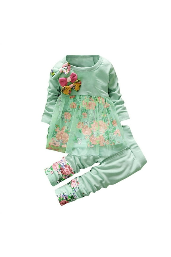 Toddler Kids Baby Girls Floral Print Mesh Clothes T Shirt Tops Dress Pants 2PCS Outfits Set