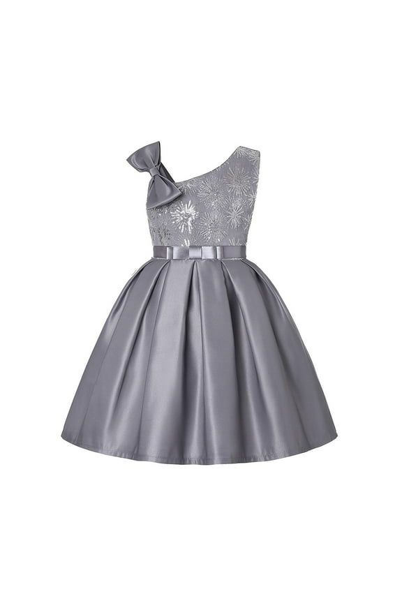 Toddler Kids Girls Prints Sleeveless Party Hoilday Frocks Court Style Bowknot Dress Princess Clothes Comfort Sundress, Grey, 3-4 Years