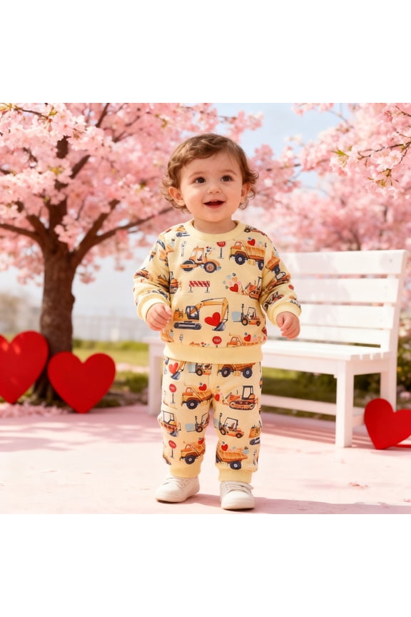 Toddler Kids Valentine's Day Short Sleeve Outfits Casual Floral Print Tractor With Hearts Graphic Tops Pants Two Piece Cartoon Playwear For Baby Boys Girls Comfort Clothing Sets