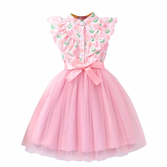 MEZZALL Toddler Spring Summer Girls Sleeveless Floral Heart Print Bow Detail Net Fabric Dress, 3-4 Years