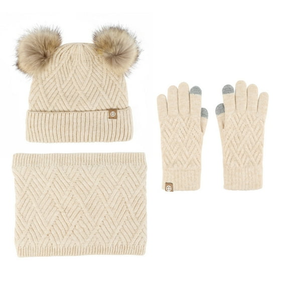 MEZZALL Toddler Winter Hat Scarf Mittens Set Boys Girls Lined Knitted Hat Pompom Cap With Neck Warmer And Gloves Leisure Dailywear, Beige, 2-10