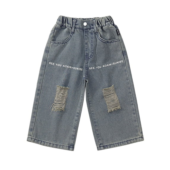 MEZZALL Trendy Girls Pants For Everyday Wear And Outdoor Activities Ripped Denim Wide Leg Trousers With Letter Print For Ages 2-8 Soft And Stretchy Comfort Lovely Toddler Wear