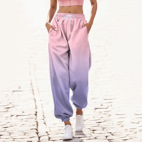 MEZZALL Trousers Women Casual Gradient Print Bottom Sweatpants Pockets High Waist Sporty Gym Athletic Fit Jogger Pants Stylish Daliy Slacks