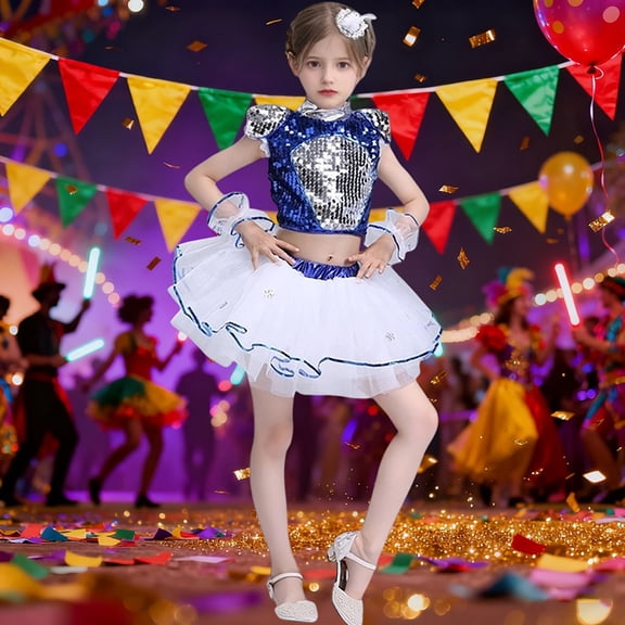MEZZALL Tutu Dress For Girls Performance Dance Recital Stage Show With Glitter Bow And Layered Skirt Cozy Party Clothing Sets