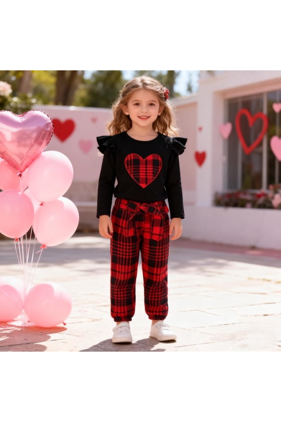 Valentine's Day Girls Outfits Plaid Heart Applique Sleeveless Tops And Trousers Two Piece Coordinated Matching For Toddler Little Kid And Youth Daughter Granddaughter Stylish Clothing Sets