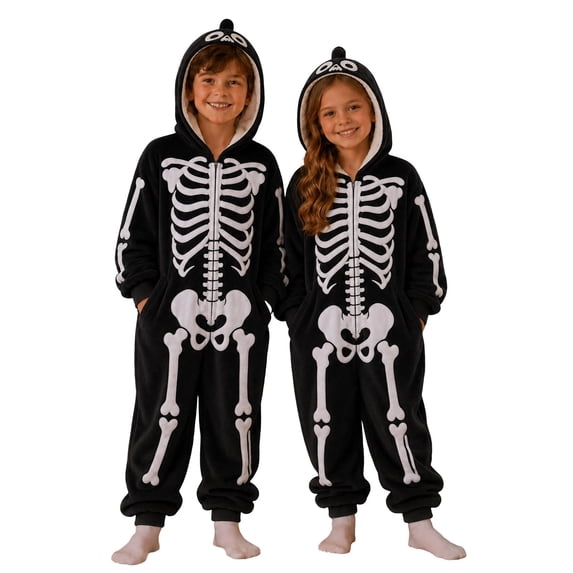 MEZZALL Velvet Halloween Skeleton Jumpsuit For Kids Unisex Romper Jumpsuit Pajamas Long Sleeve Loungewear