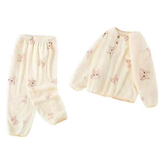 MEZZALL Winter Girls Plush Pajama Soft Sleepwear With Cute Print O-Neck Long Sleeve T-Shirts Pants Thermal Nightwear For Toddler Kids Cozy Loungewear Holiday Child Pjs