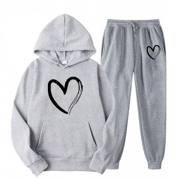 MEZZALL Winter Women's Hooded Sweatshirt Sweatpants Sets Loose Solid Color Heart Plus Velvet Casual Tracksuit Clothes Sets Outfit Sets Boho Clothing