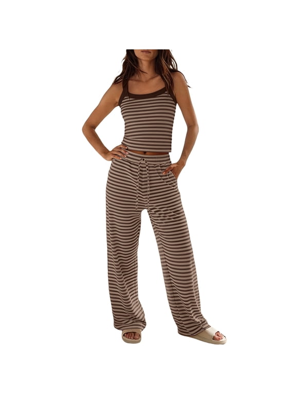 Women 2 Piece Striped Sleep Set Contrast Binding Sleeveless Crop Tops Drawstring Wide Leg Pants With Pockets Loungewear Pajama Set for Lounging Daily Wear Holiday Pjs