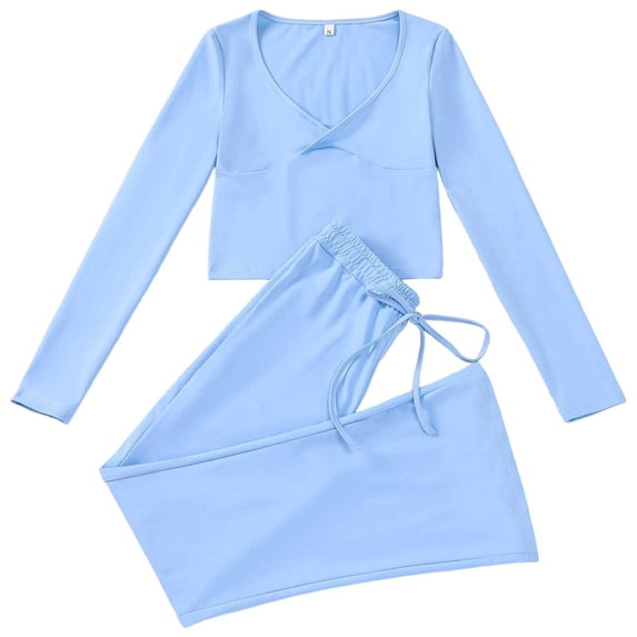 MEZZALL Women 2 Piece V-Neck Long Sleeve Tops With Pants Solid Color Relaxed Fit Home Pajama For Lounging And Sleep Stylish Pjs