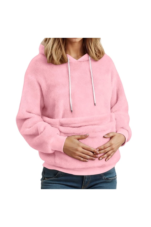 Women Casual Solid Color Pocket Long Sleeve Hooded Sweatshirt Pullover Tops Winter Boho Fall Clothing