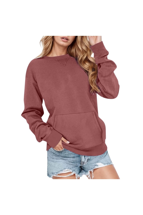 Women Casual Solid Color Pullover Sweater Long Sleeve Crewneck Pocket O-Neck Sweatshirt Athletic Sportswear Tops Winter Boho Fall Clothing