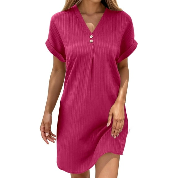 MEZZALL Women Casual V Neck T Shirt Dresses With Button Short Sleeve Solid Color Daily Wear Lightweight Comfortable For Summer Activities And Outings Birthday