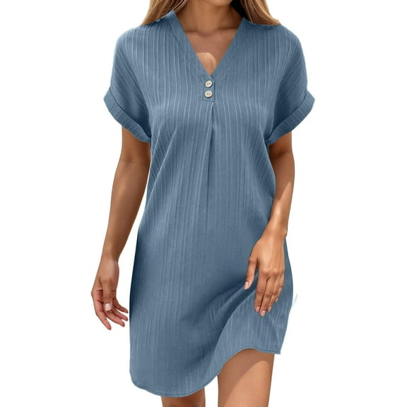 MEZZALL Women Casual V Neck T Shirt Dresses With Button Short Sleeve Solid Color Daily Wear Lightweight Comfortable For Summer Activities And Outings Fashionable