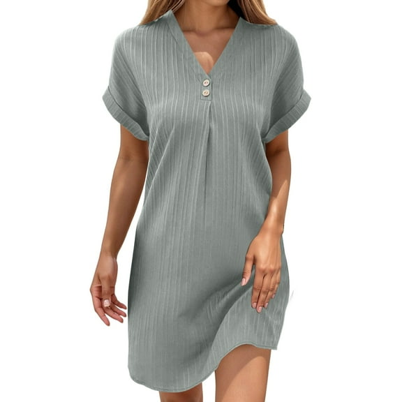 MEZZALL Women Casual V Neck T Shirt Dresses With Button Short Sleeve Solid Color Daily Wear Lightweight Comfortable For Summer Activities And Outings Holiday