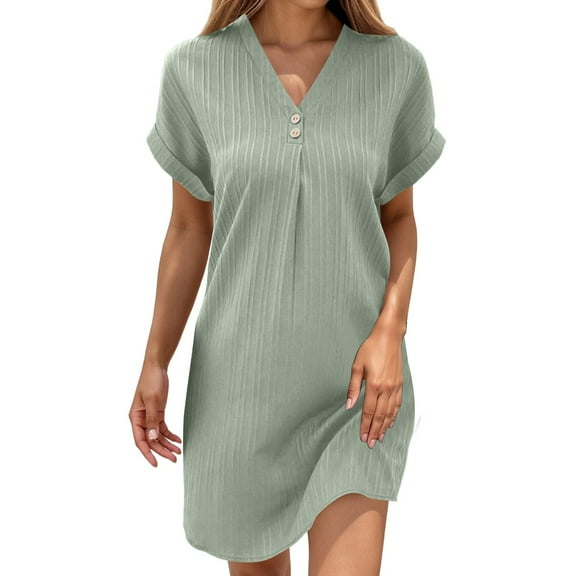 MEZZALL Women Casual V Neck T Shirt Dresses With Button Short Sleeve Solid Color Daily Wear Lightweight Comfortable For Summer Activities And Outings Stylish