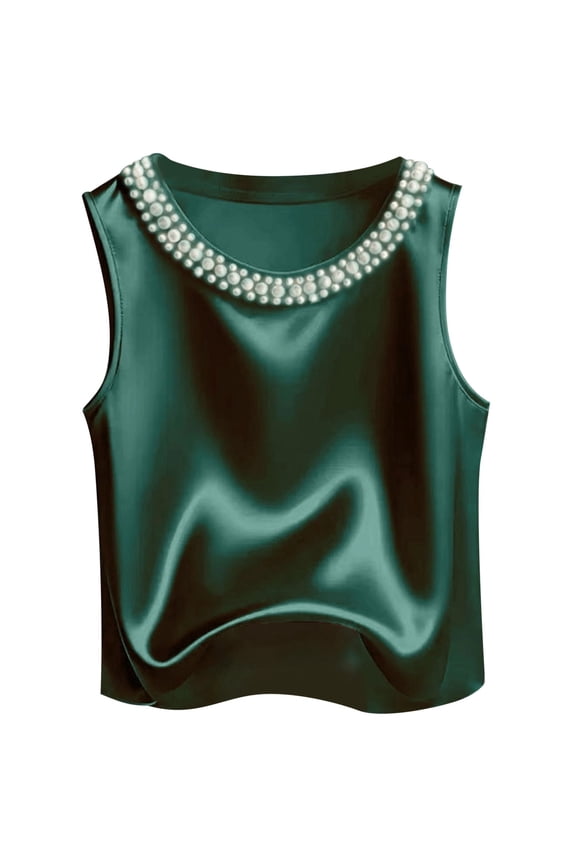 Women Elegant Solid Color Satin Tank Tops For With Pearl Round Neckline Summer Sleeveless Camisole For Everyday Style Leisure Ladies Camis