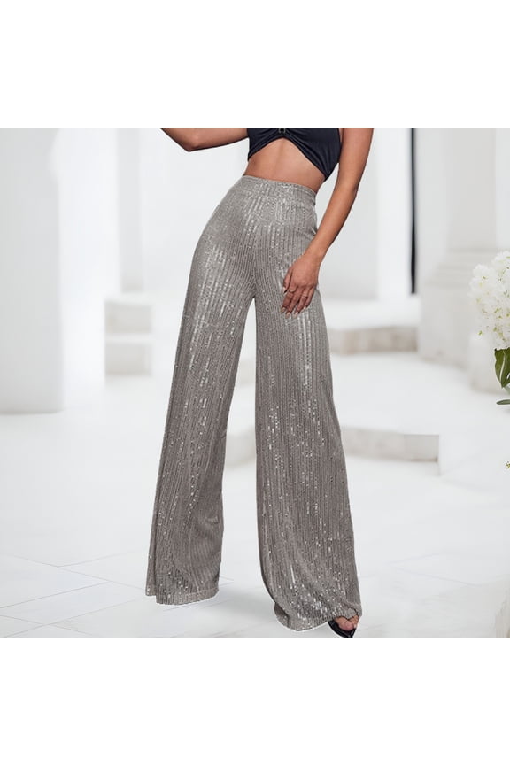 Women Fashion Casual Sequined Pants Sparkling Sequins High Waisted Wide Leg Flared Pants Nightclub Wear Fashionable Solid Color Daliy Slacks Trousers
