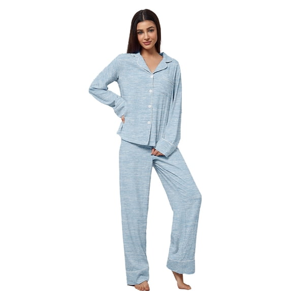 MEZZALL Women Flannel Pajama Long Sleeve Button Down Top With Comfortable Pants Soft Cozy Sleepwear For Home Nightwear Vacation 2 Piece Pjs