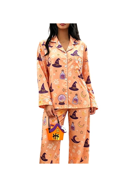 Women Halloween Autumn Button Front Long Sleeve Lapel Top With Chest Pocket Elastic Waist Full Length Pants Pajama Set Casual Home Wear Pajamas Holiday 2 Piece Pjs