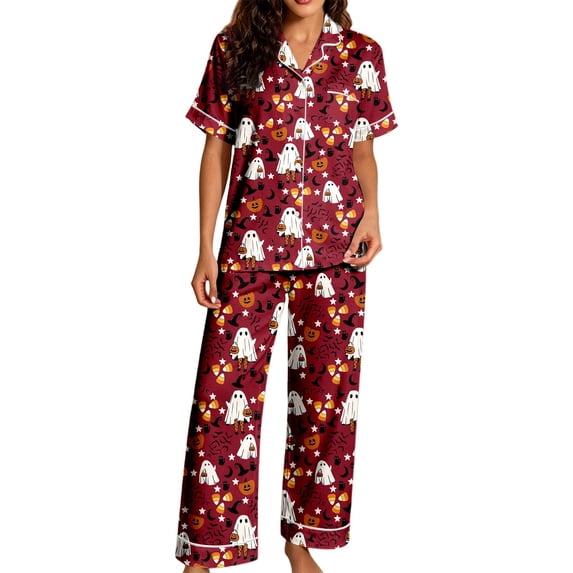 MEZZALL Women Halloween Cartoon Print Pajama Set Lapel Collar Button Closure Short Sleeve Top With Long Pants Loungewear Sleep Set For Holiday Stylish 2 Piece Pjs