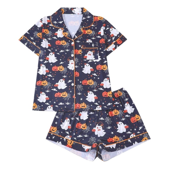MEZZALL Women Halloween Ghost Bat Print Pajama Set, Soft Breathable Lapel Collar Button‑Down Short Sleeve Tops, Elastic Waist Shorts Loungewear Home Sleepwear Breathable 2 Piece Pjs