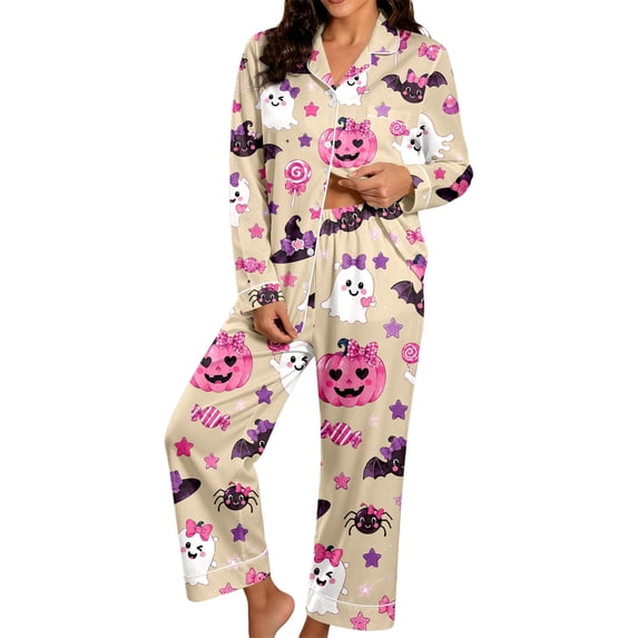 MEZZALL Women Halloween Ghost Pumpkin Print Pajama Set, Lapel Collar Button‑Down Long Sleeve Tops With Long Pants Loungewear For Home Sleepwear Stylish 2 Piece Pjs