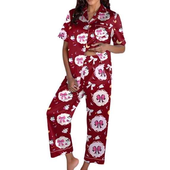 MEZZALL Women Halloween Pajama Set Ghost Bow Pattern Button Front Short Sleeve Top With Chest Pocket Elastic Waist Full Length Pants Soft Sleepwear Set Holiday 2 Piece Pjs