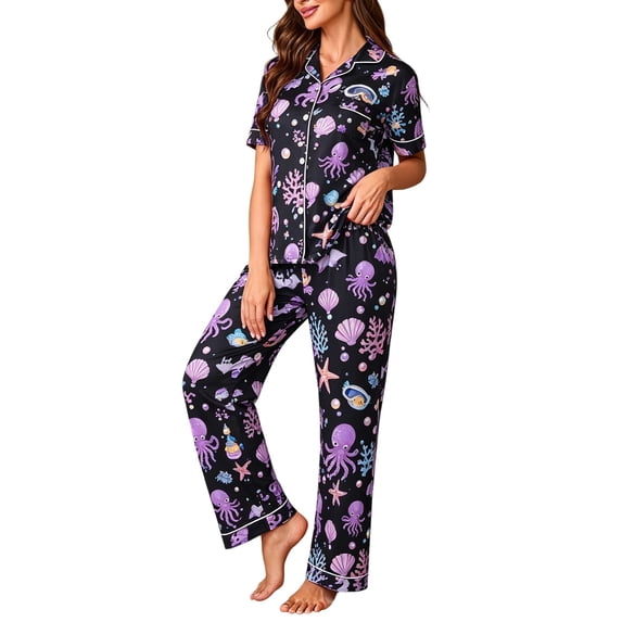 MEZZALL Women Halloween Pajama Set Soft Smooth Breathable Lapel Collar Button Down Short Sleeve Top Elastic Waist Long Pants Loungewear Set Gothic Sleepwear For Night Relaxed Fit 2 Piece Pjs