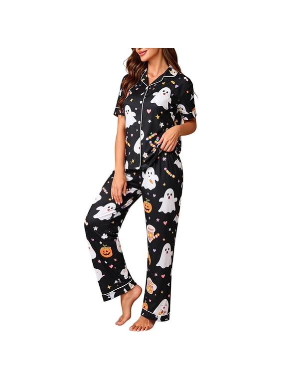 Women Halloween Pajama Set Soft Smooth Breathable Lapel Collar Button Down Short Sleeve Top Elastic Waist Long Pants Loungewear Set Gothic Sleepwear For Night Fashionable 2 Piece Pjs