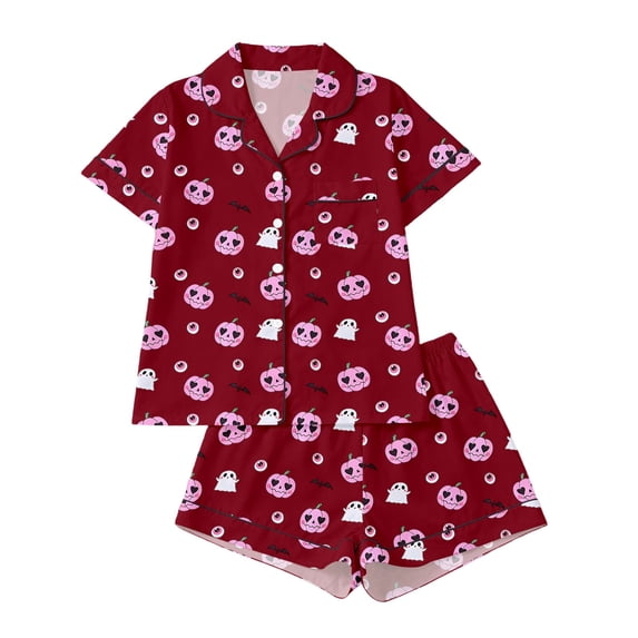 MEZZALL Women Halloween Print Pajama Set Lapel Collar Button Closure Chest Pocket Short Sleeve Tops With Elastic Waist Shorts Loungewear Sleepwear For Holiday 2 Piece Holiday Pjs