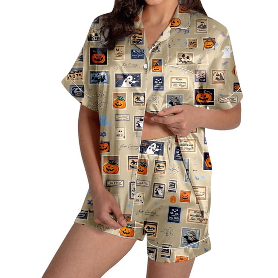 MEZZALL Women Halloween Printed Pajama Lapel Collar Short Sleeve Tops Cozy Home Loungewear Shorts For Fall Holidays Holiday 2 Piece Pjs