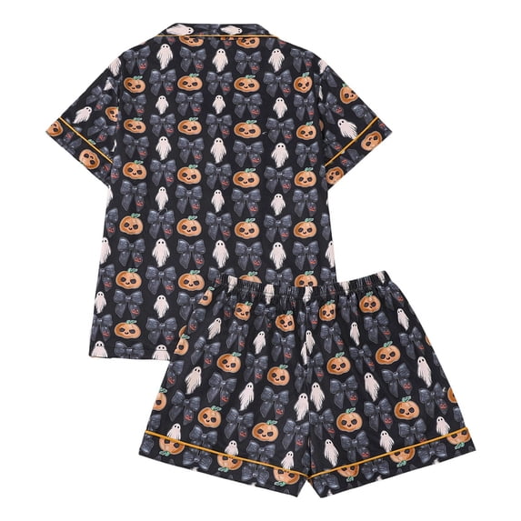 MEZZALL Women Halloween Pumpkin Print Pajama Set, Soft Breathable Lapel Collar Button‑Down Short Sleeve Tops, Elastic Waist Shorts Loungewear Home Sleepwear Breathable 2 Piece Pjs