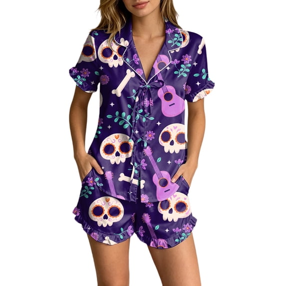 MEZZALL Women Halloween Satin Pajama Set Lightweight Lapel Collar Tie Front Ruffle Short Sleeve Top Elastic Waist Ruffle Shorts Loungewear Set Pumpkin Print Sleepwear Fashionable 2 Piece Pjs