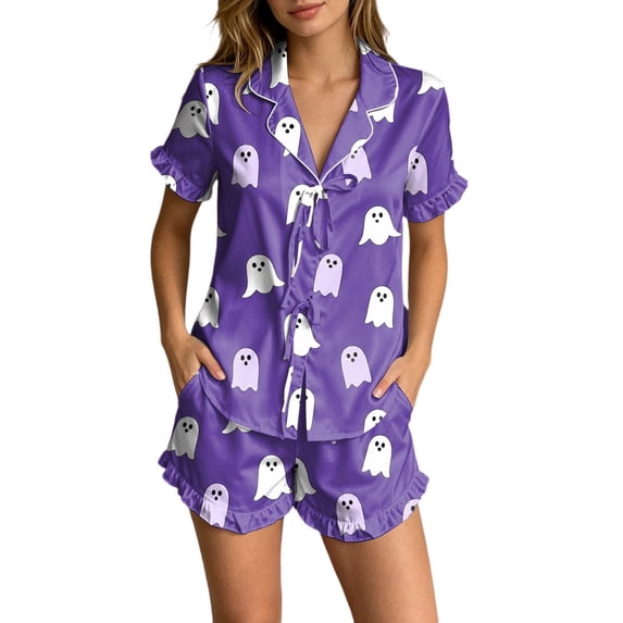 MEZZALL Women Halloween Satin Pajama Set Lightweight Lapel Collar Tie Front Ruffle Short Sleeve Top Elastic Waist Ruffle Shorts Loungewear Set Pumpkin Print Sleepwear Versatile 2 Piece Pjs