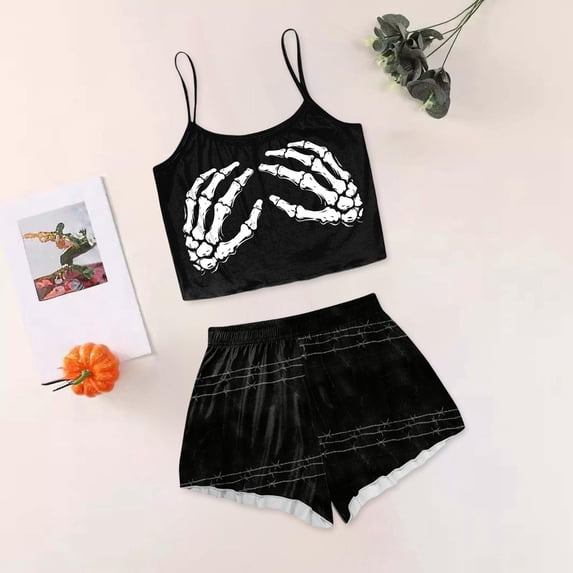 MEZZALL Women Halloween Skeleton Hand Print Cami Pajama Set Spider Web Elastic Waist Shorts 2 Piece Gothic Sleepwear Loungewear Leisure Homewear