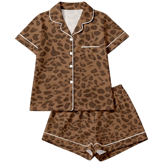 MEZZALL Women Leopard Print Pajama Sets Lapel Short Sleeve Button Down Tops with Shorts For Fall Holiday Wear 2 Piece Sleepwear