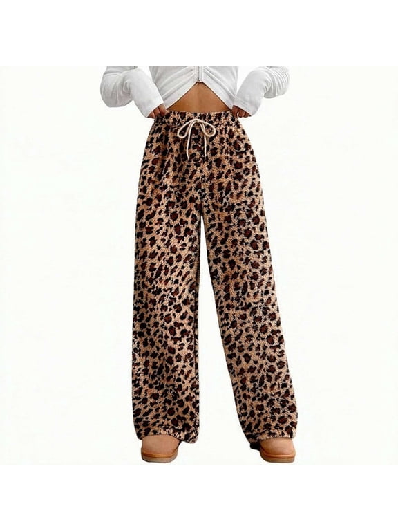 Women Leopard Print Wide Leg Jogger Pants Drawstring Loose Knit Pants Lined Winter Warm Trousers With Pockets High Waisted Baggy Sweatpants, M