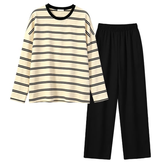 MEZZALL Women Pajama Set Crew Neck Long Sleeve Striped Top Elastic Waist Wide Leg Pants Loungewear Sleep Set Soft Loose Fit Sleepwear for Ladies Home Nightwear Breathable 2 Piece Pjs