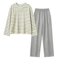 thumbnail image 1 of MEZZALL Women Pajama Set Crew Neck Long Sleeve Striped Top Elastic Waist Wide Leg Pants Loungewear Sleep Set Soft Loose Fit Sleepwear for Ladies Home Nightwear Relaxed Fit 2 Piece Pjs, 1 of 4