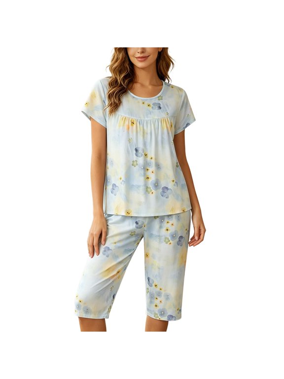 Women Pajama Set Round Neck Short Sleeve Top Capri Pants Loungewear Sleep Set Flower Print Soft Breathable Sleepwear for Ladies Home Nightwear Breathable 2 Piece Pjs